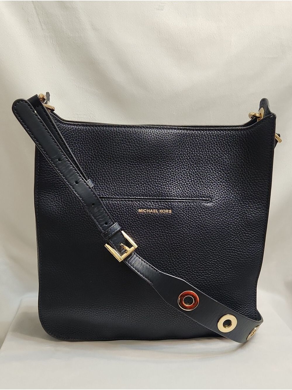 Michael Kors Sullivan Navy Gold Pebbled Leather Messenger Crossbody Bag